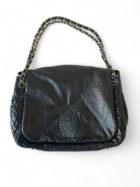AUTHENTIC CHANEL Black Patent Rock and Chain Flap Bag.